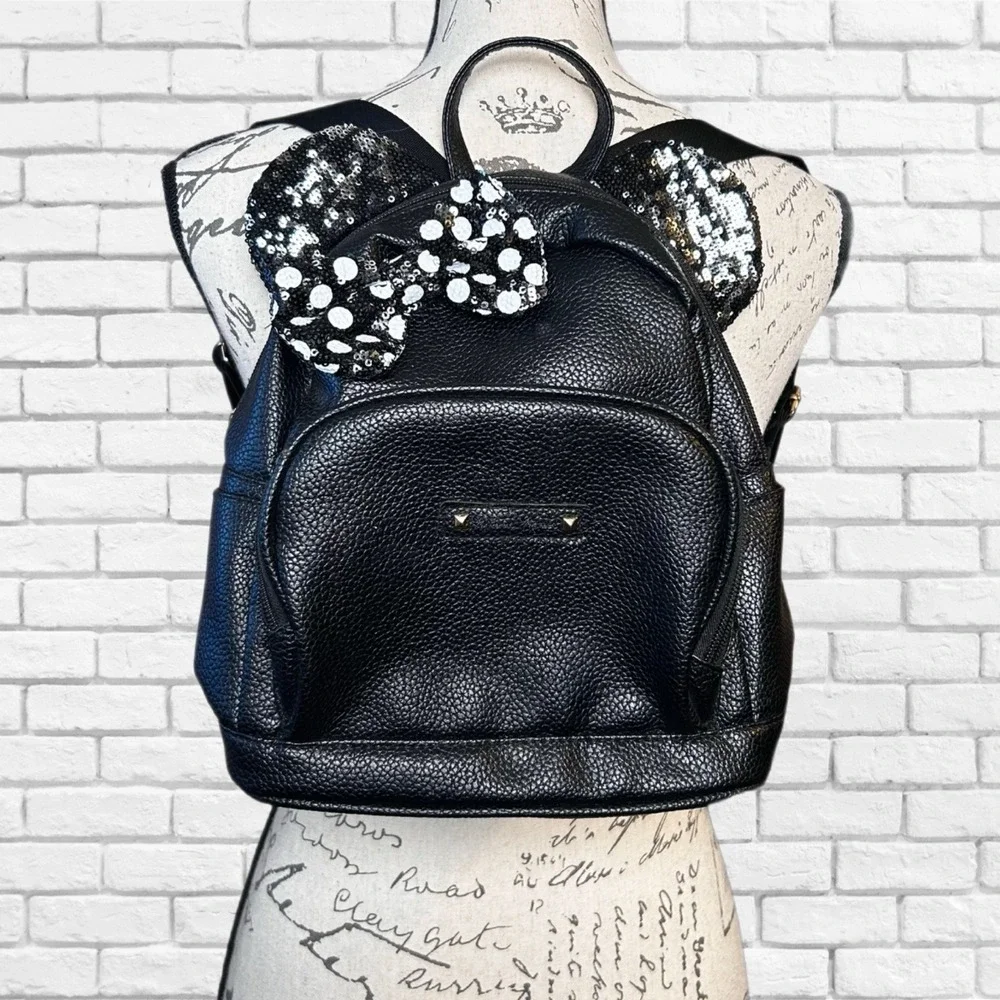 Disney Minnie Mouse Sequin Ear Mini Backpack Black Pebbled‎ Faux Leather Bow